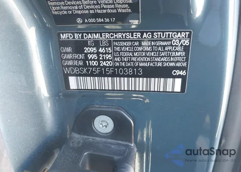 2005 Mercedes-Benz Sl 500 from USA, damaged, VIN WDBSK75F15F103813